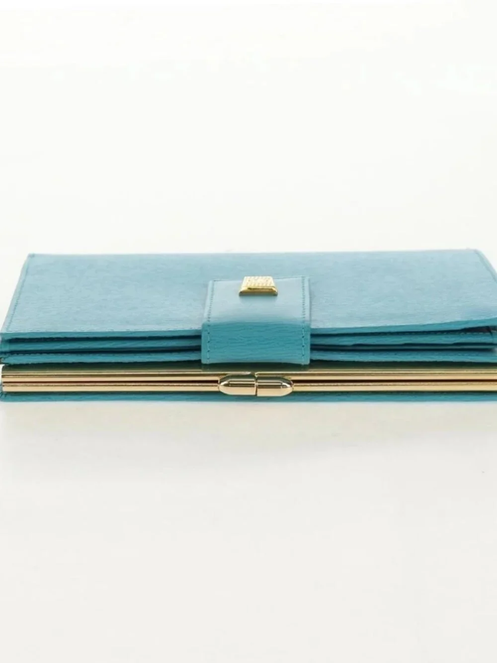 Christian Dior Long Wallet Leather Light Blue Gold Auth